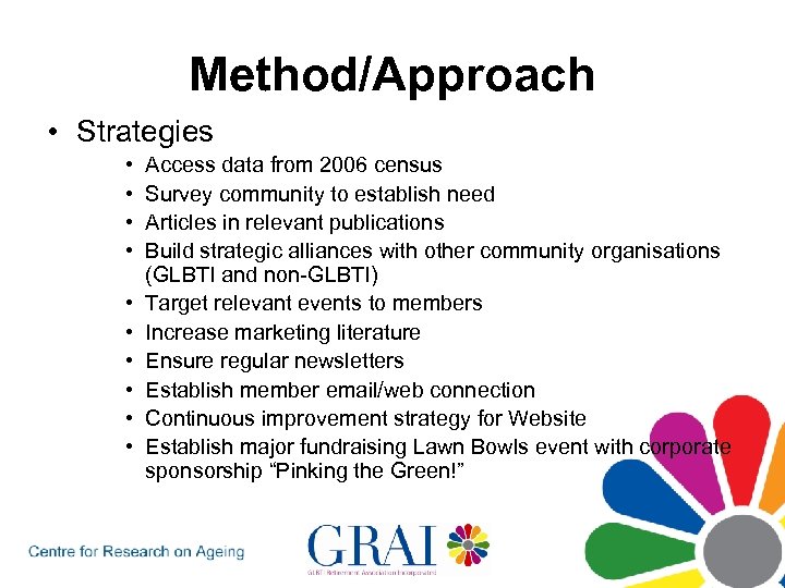 Method/Approach • Strategies • • • Access data from 2006 census Survey community to