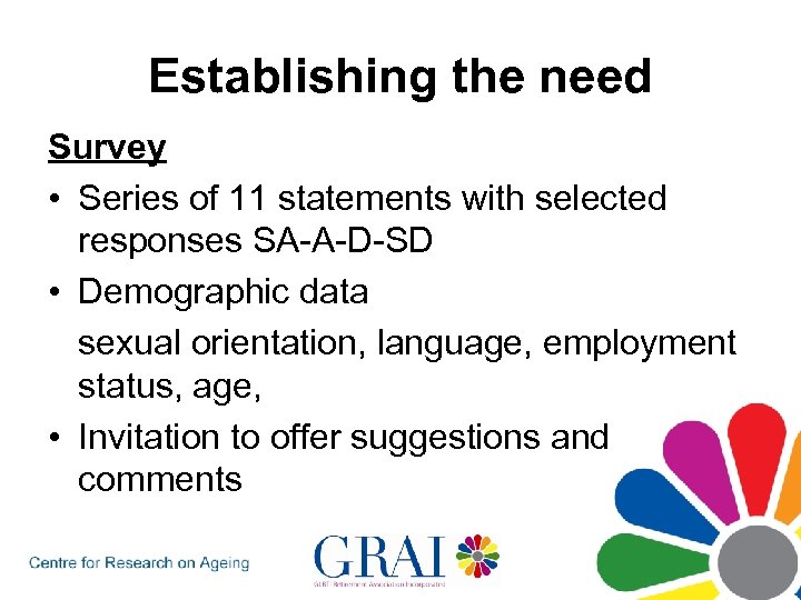 Establishing the need Survey • Series of 11 statements with selected responses SA-A-D-SD •