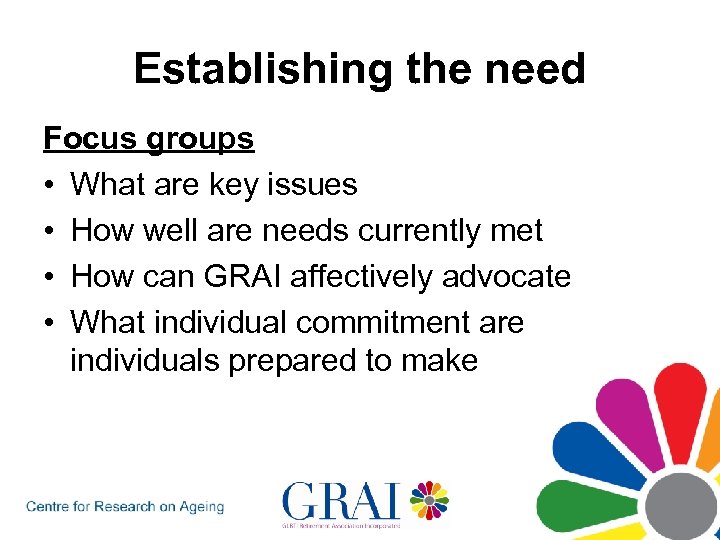 Establishing the need Focus groups • What are key issues • How well are