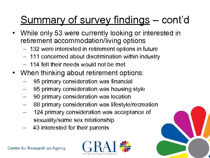 Summary of survey findings – cont’d • While only 53 were currently looking or