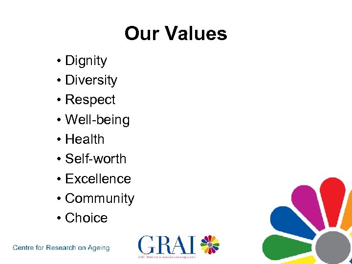 Our Values • Dignity • Diversity • Respect • Well-being • Health • Self-worth