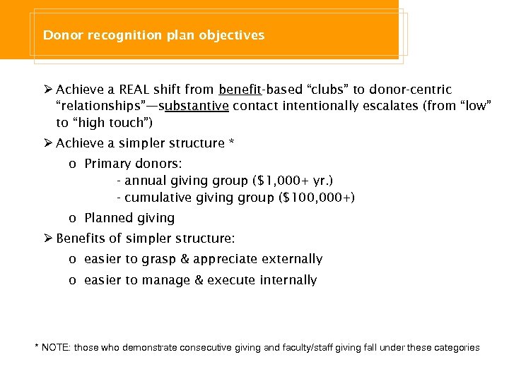 Donor recognition plan objectives Ø Achieve a REAL shift from benefit-based “clubs” to donor-centric