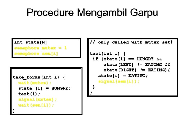 Procedure Mengambil Garpu int state[N] semaphore mutex = 1 semaphore sem[i] take_forks(int i) {