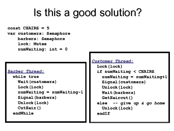 Is this a good solution? const CHAIRS = 5 var customers: Semaphore barbers: Semaphore