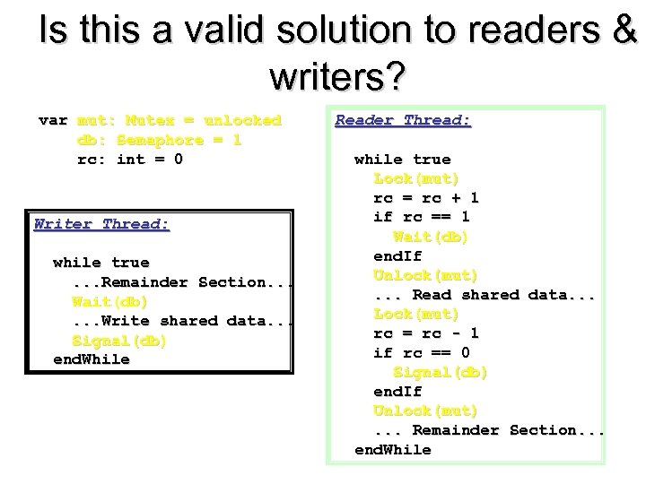 Is this a valid solution to readers & writers? var mut: Mutex = unlocked