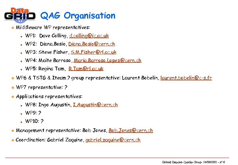 QAG Organisation u Middleware WP representatives: n WP 1: Dave Colling, d. colling@ic. ac.