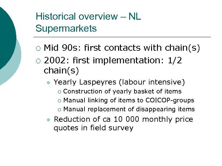 Historical overview – NL Supermarkets ¡ ¡ Mid 90 s: first contacts with chain(s)