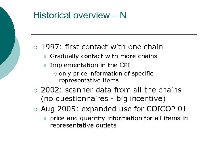 Historical overview – N ¡ 1997: first contact with one chain l l ¡