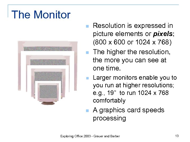 The Monitor n n Resolution is expressed in picture elements or pixels; (800 x