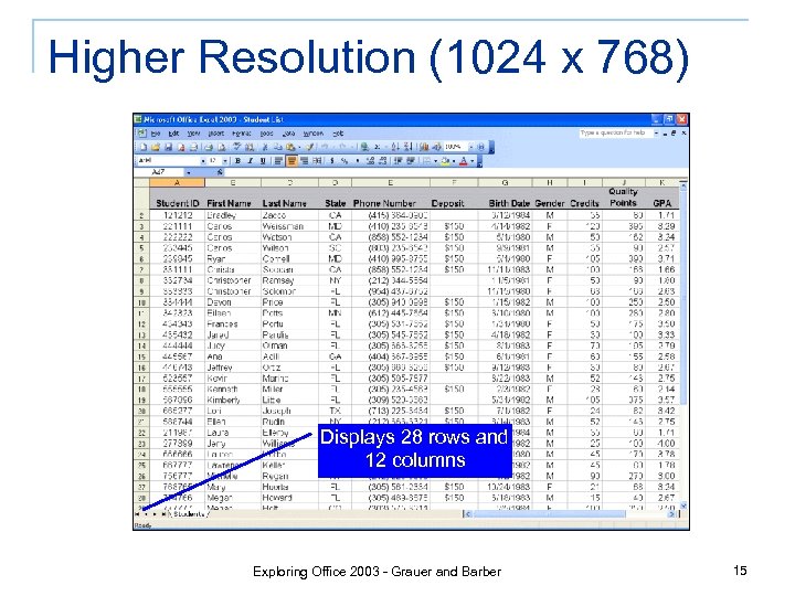Higher Resolution (1024 x 768) Displays 28 rows and 12 columns Exploring Office 2003
