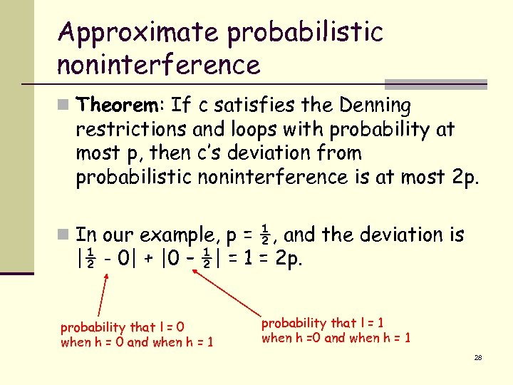 Approximate probabilistic noninterference n Theorem: If c satisfies the Denning restrictions and loops with