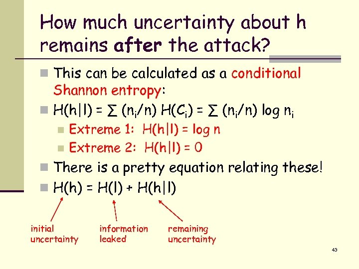 How much uncertainty about h remains after the attack? n This can be calculated