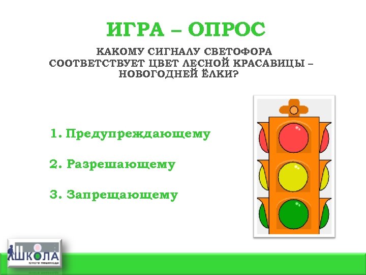 ИГРА – ОПРОС КАКОМУ СИГНАЛУ СВЕТОФОРА СООТВЕТСТВУЕТ ЦВЕТ ЛЕСНОЙ КРАСАВИЦЫ – НОВОГОДНЕЙ ЁЛКИ? 1.