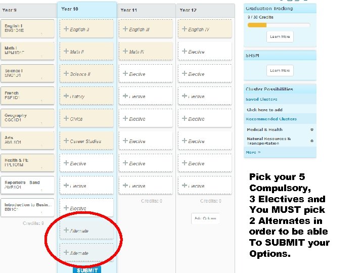Pick your 5 Compulsory, 3 Electives and You MUST pick 2 Alternates in order