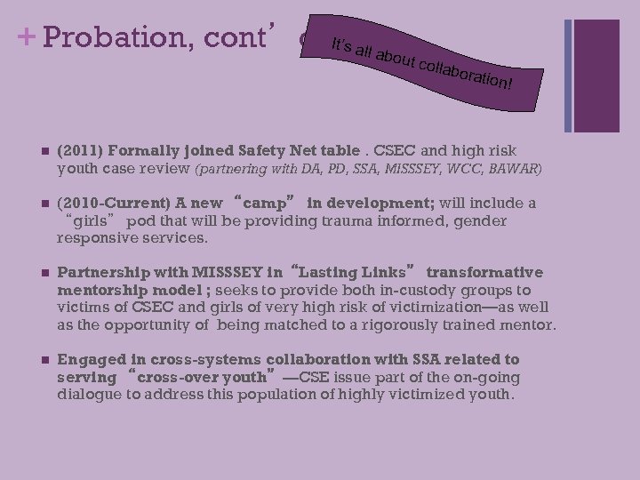 + Probation, cont’d It’s al l abou t colla borat ion! n (2011) Formally