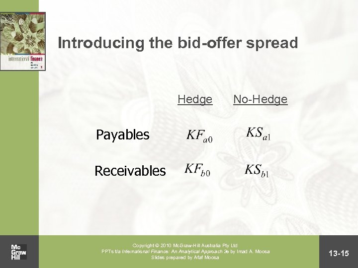 Introducing the bid-offer spread Hedge No-Hedge Payables Receivables Copyright 2010 Mc. Graw-Hill Australia Pty