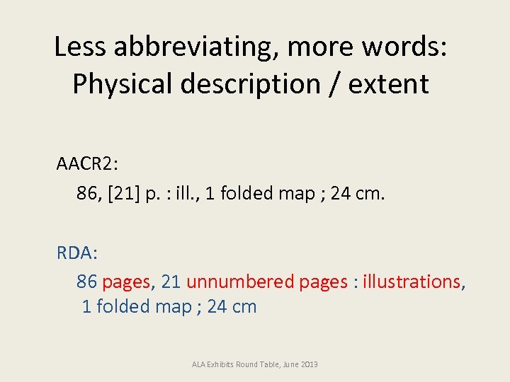 Less abbreviating, more words: Physical description / extent AACR 2: 86, [21] p. :