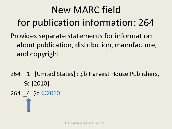 New MARC field for publication information: 264 Provides separate statements for information about publication,