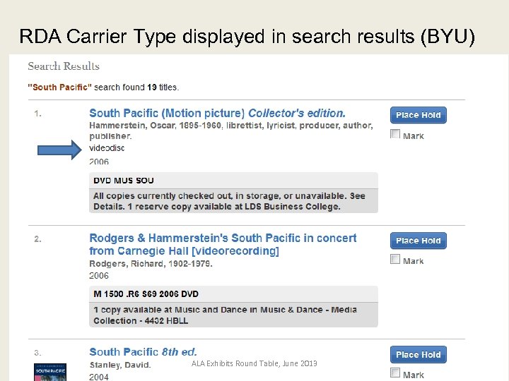 RDA Carrier Type displayed in search results (BYU) ALA Exhibits Round Table, June 2013