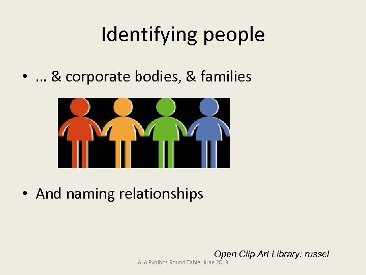 Identifying people • … & corporate bodies, & families • And naming relationships Open