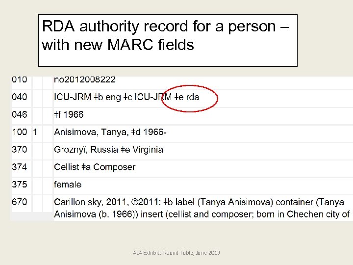 RDA authority record for a person – with new MARC fields ALA Exhibits Round