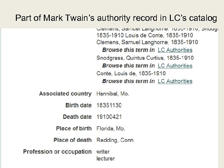 Part of Mark Twain’s authority record in LC’s catalog 