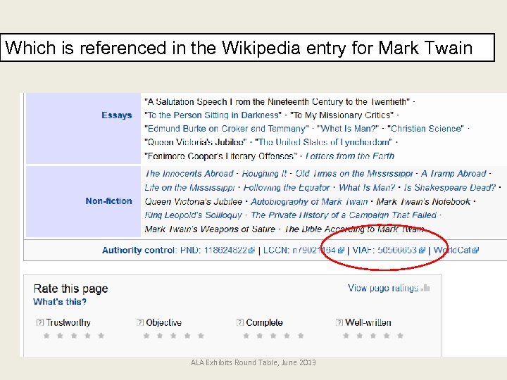 Which is referenced in the Wikipedia entry for Mark Twain ALA Exhibits Round Table,