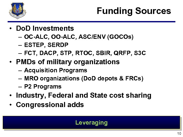  Funding Sources • Do. D Investments – OC-ALC, OO-ALC, ASC/ENV (GOCOs) – ESTEP,