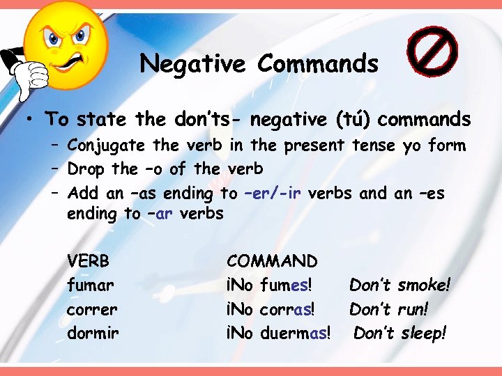 Negative Commands • To state the don’ts- negative (tú) commands – Conjugate the verb