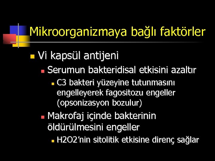 Mikroorganizmaya bağlı faktörler n Vi kapsül antijeni n Serumun bakteridisal etkisini azaltır n n