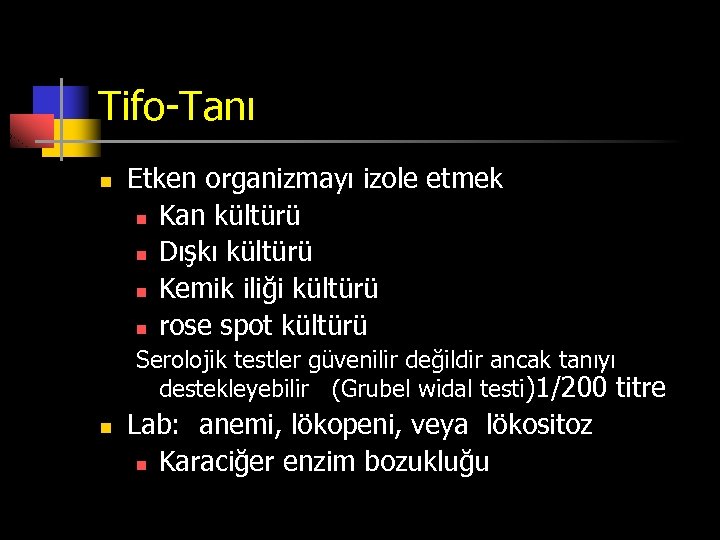 Tifo-Tanı n Etken organizmayı izole etmek n Kan kültürü n Dışkı kültürü n Kemik