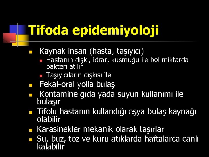 Tifoda epidemiyoloji n Kaynak insan (hasta, taşıyıcı) n n n n Hastanın dışkı, idrar,