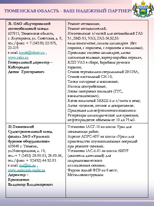 ТЮМЕНСКАЯ ОБЛАСТЬ - ВАШ НАДЕЖНЫЙ ПАРТНЕР! 31. ОАО «Ялуторовский автомобильный завод» 627013, Тюменская область,