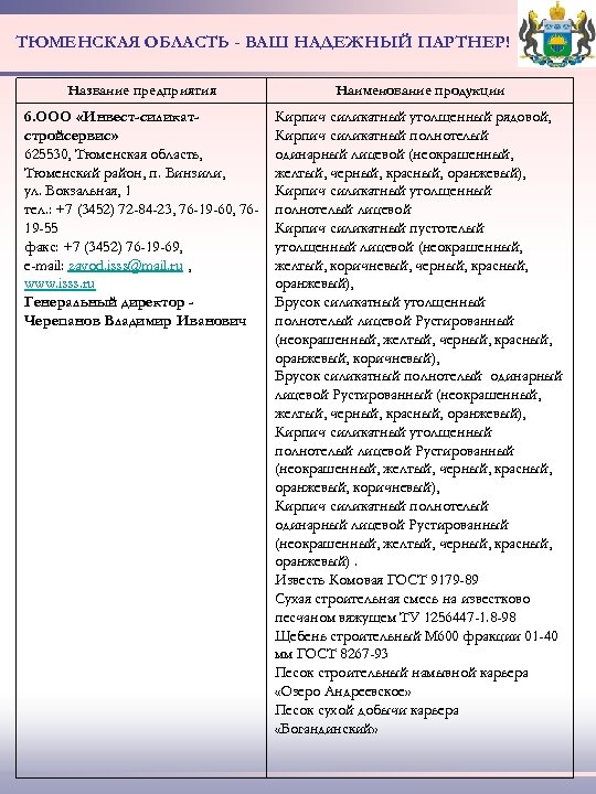ТЮМЕНСКАЯ ОБЛАСТЬ - ВАШ НАДЕЖНЫЙ ПАРТНЕР! Название предприятия Наименование продукции 6. ООО «Инвест-силикатстройсервис» 625530,