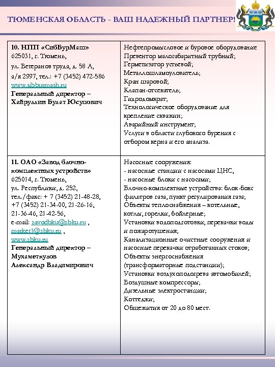 ТЮМЕНСКАЯ ОБЛАСТЬ - ВАШ НАДЕЖНЫЙ ПАРТНЕР! 10. НПП «Сиб. Бур. Маш» 625031, г. Тюмень,