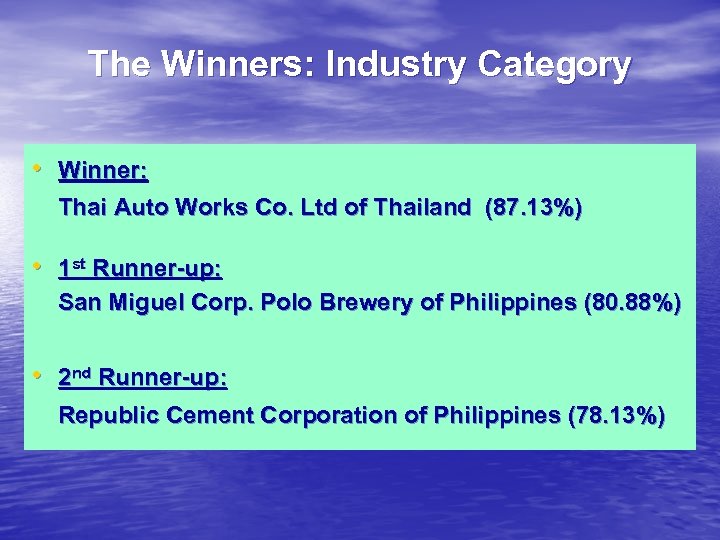 The Winners: Industry Category • Winner: Thai Auto Works Co. Ltd of Thailand (87.