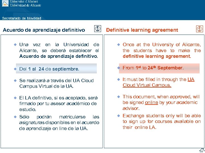 Acuerdo de aprendizaje definitivo Definitive learning agreement Una vez en la Universidad de Alicante,