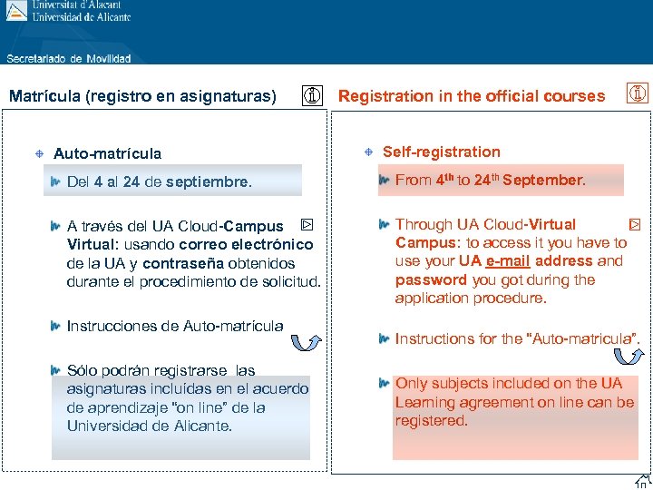 Matrícula (registro en asignaturas) Auto-matrícula Registration in the official courses Self-registration Del 4 al
