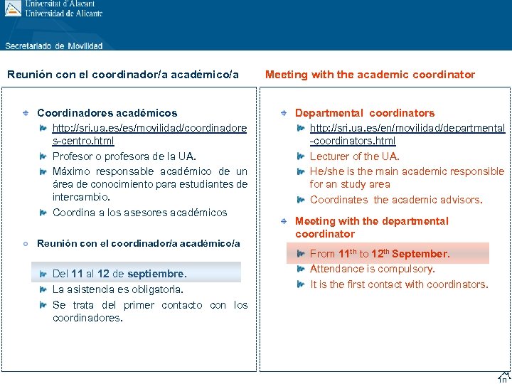 Reunión con el coordinador/a académico/a Coordinadores académicos http: //sri. ua. es/es/movilidad/coordinadore s-centro. html Profesor