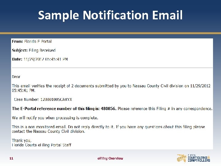 Sample Notification Email 11 e. Filing Overview 