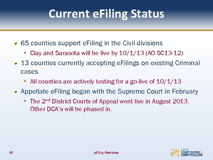 Current e. Filing Status 65 counties support e. Filing in the Civil divisions §