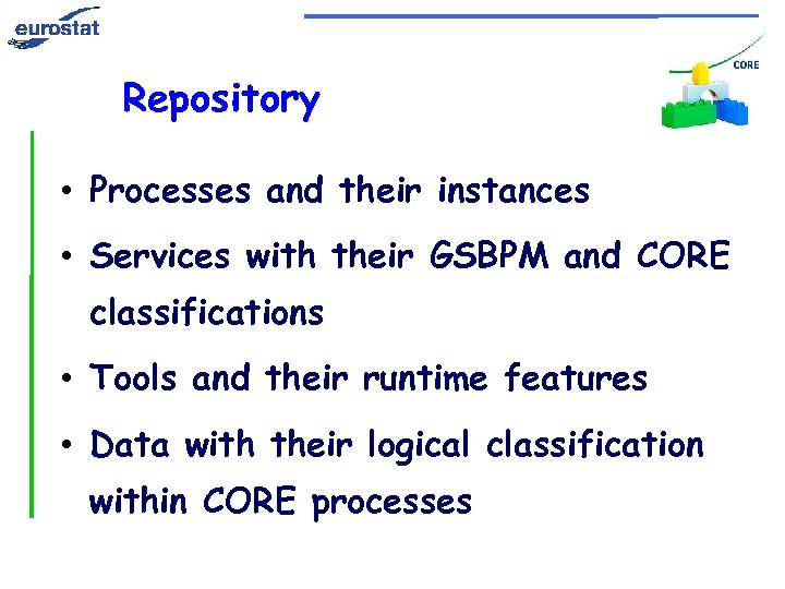 Repository • Processes and their instances • Services with their GSBPM and CORE classifications
