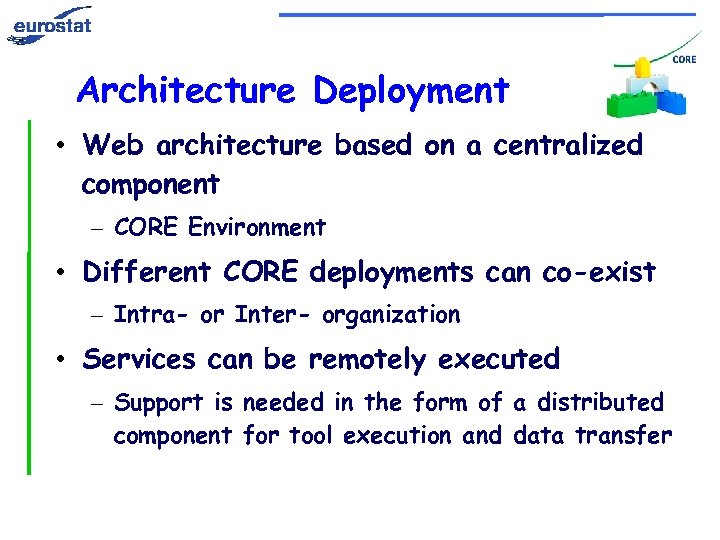 Architecture Deployment • Web architecture based on a centralized component – CORE Environment •