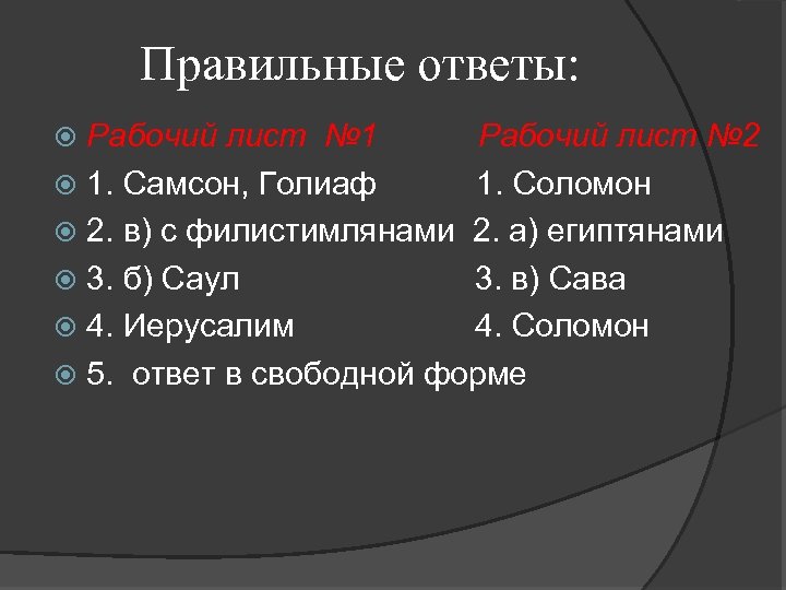 Правильные ответы: Рабочий лист № 1 Рабочий лист № 2 1. Самсон, Голиаф 1.