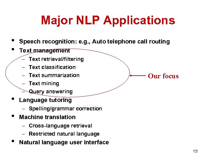 Major NLP Applications • • • Speech recognition: e. g. , Auto telephone call