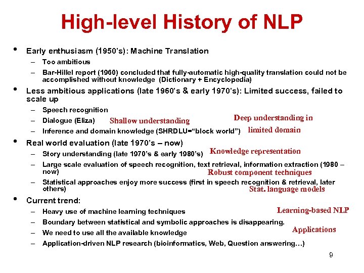 High-level History of NLP • • Early enthusiasm (1950’s): Machine Translation – Too ambitious
