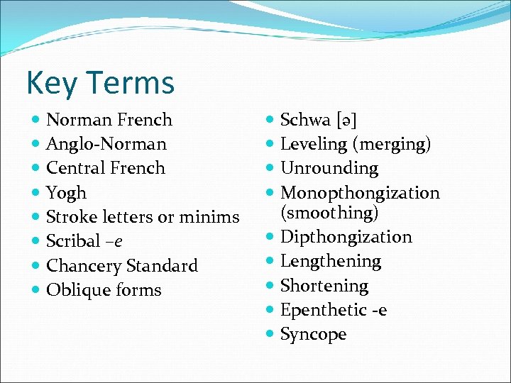 Key Terms Norman French Angl 0 -Norman Central French Yogh Stroke letters or minims