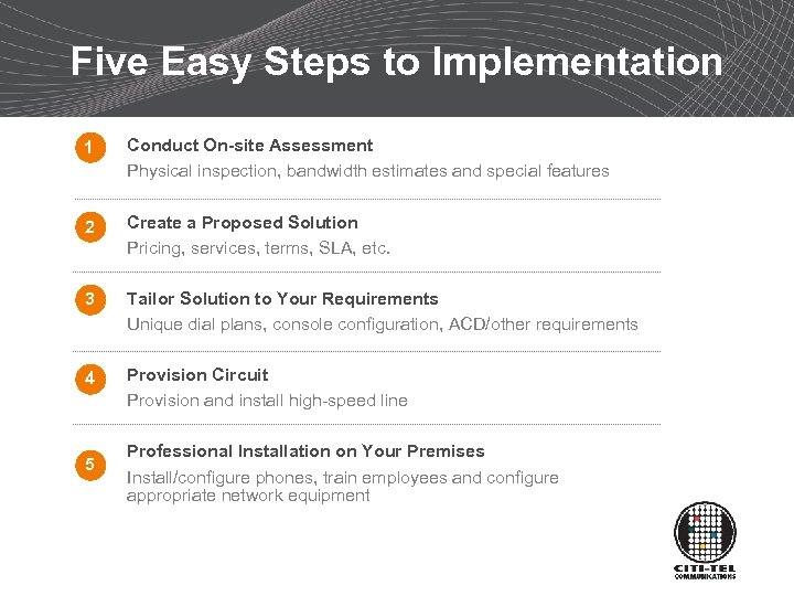 Five Easy Steps to Implementation 1 Conduct On-site Assessment Physical inspection, bandwidth estimates and