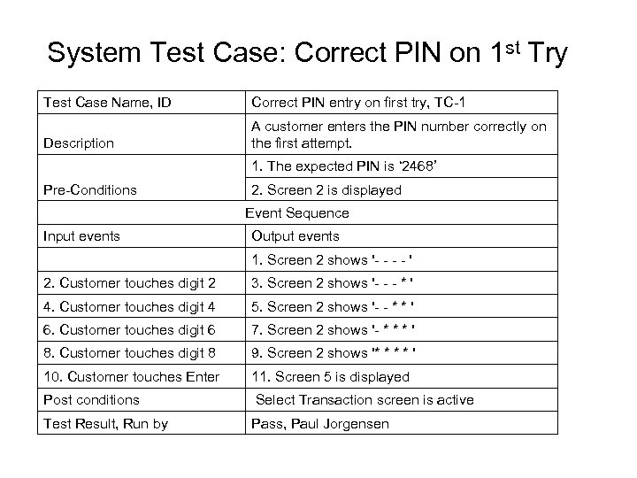 System Test Case: Correct PIN on 1 st Try Test Case Name, ID Correct