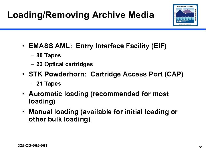 Loading/Removing Archive Media • EMASS AML: Entry Interface Facility (EIF) – 30 Tapes –